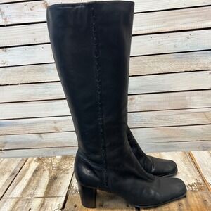 KB Black Leather Tall Boots Square Toe Block Heel Size 11M